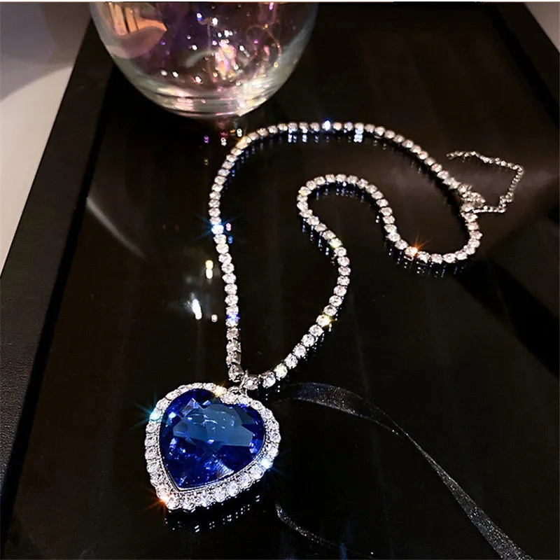 Blue Heart Crystal Necklaces for Women Long Chain Pendant Necklaces