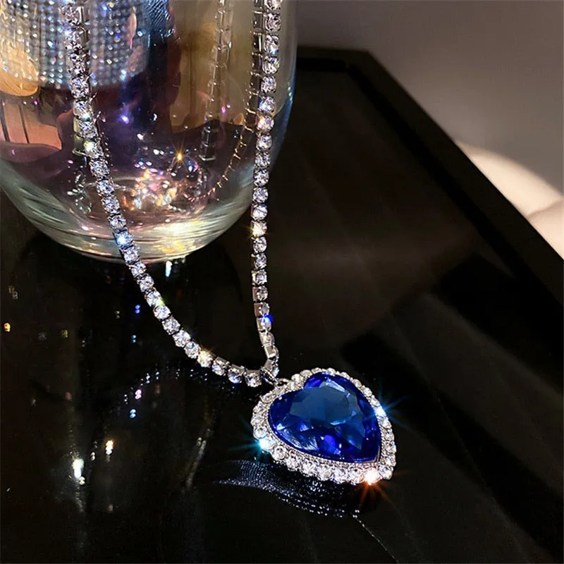 Blue Heart Crystal Necklaces for Women Long Chain Pendant Necklaces