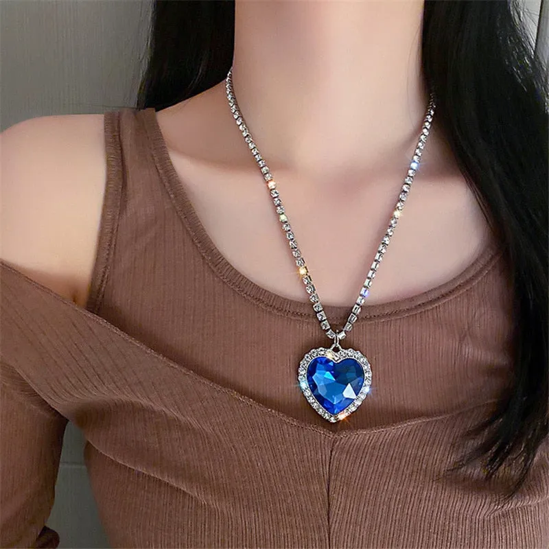 Blue Heart Crystal Necklaces for Women Long Chain Pendant Necklaces