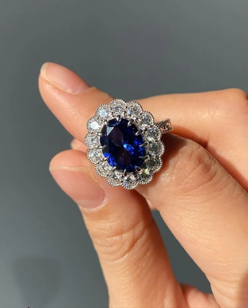 Blue Sapphire Lab Grown Ring Set, Promise Ring, Stacking Ring, Statement Ring, Engagement, Rings for women, Sterling Silver Ring, Gemstone (Silver Plating, US 10)