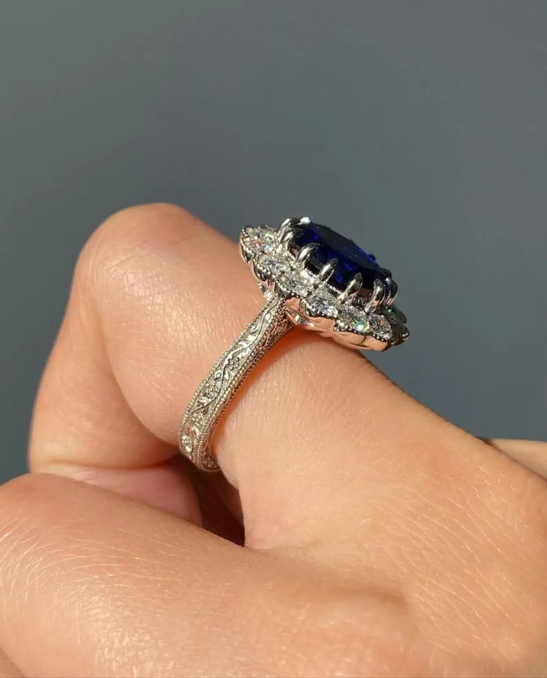 Blue Sapphire Lab Grown Ring Set, Promise Ring, Stacking Ring, Statement Ring, Engagement, Rings for women, Sterling Silver Ring, Gemstone (Silver Plating, US 10)