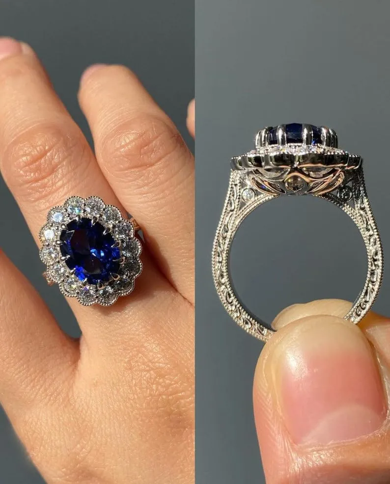 Blue Sapphire Lab Grown Ring Set, Promise Ring, Stacking Ring, Statement Ring, Engagement, Rings for women, Sterling Silver Ring, Gemstone (Silver Plating, US 10)