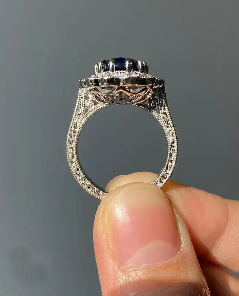 Blue Sapphire Lab Grown Ring Set, Promise Ring, Stacking Ring, Statement Ring, Engagement, Rings for women, Sterling Silver Ring, Gemstone (Silver Plating, US 10)