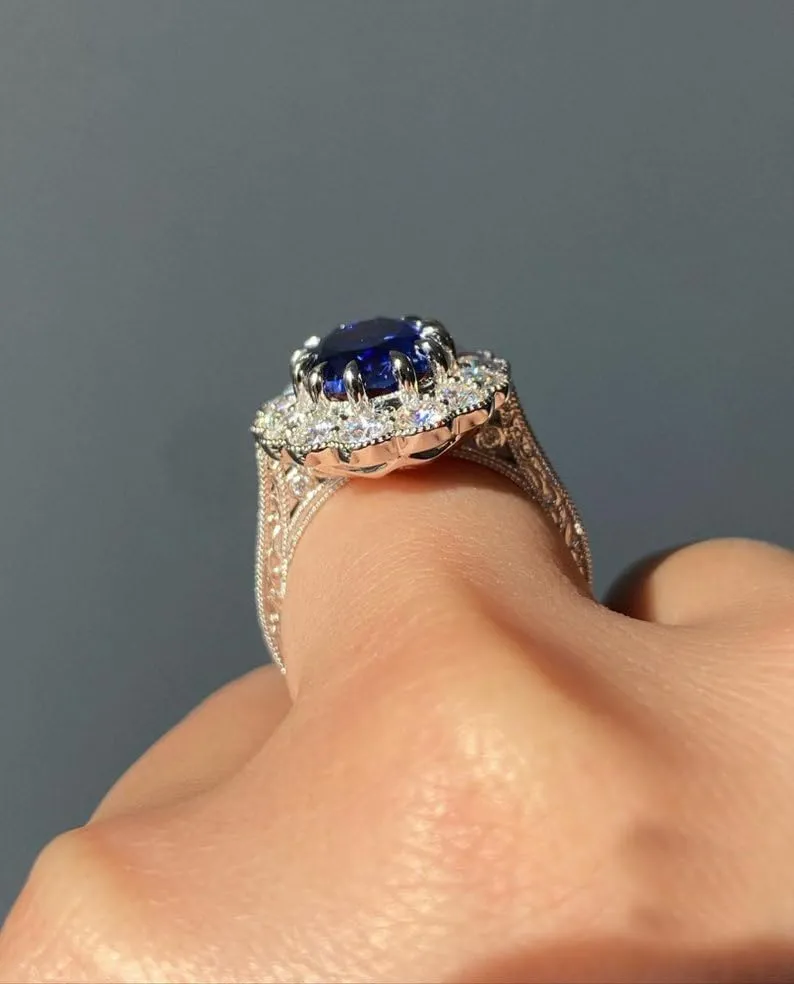 Blue Sapphire Lab Grown Ring Set, Promise Ring, Stacking Ring, Statement Ring, Engagement, Rings for women, Sterling Silver Ring, Gemstone (Silver Plating, US 10)