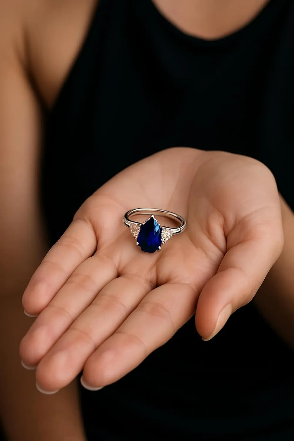 Blue Sapphire Pear Shape Birthstone Rings for Women, 925 Sterling Silver Pear Cut Sapphire Engagement, Promise Halo Rings for Her Wife Birthday Wedding Anniversary, Jewerly Size 4 to 12