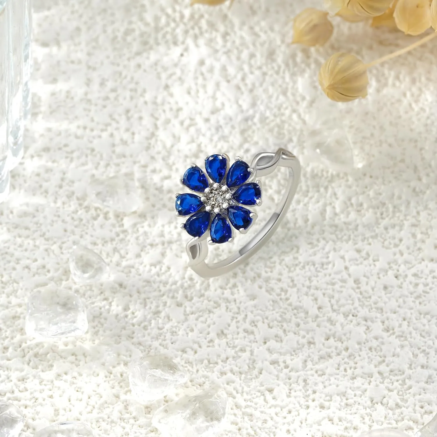 Blue Sapphire Rings for Women 925 Sterling Silver Pear Cut Sapphire Flower Ring Sapphire Jewelry Gifts for Women