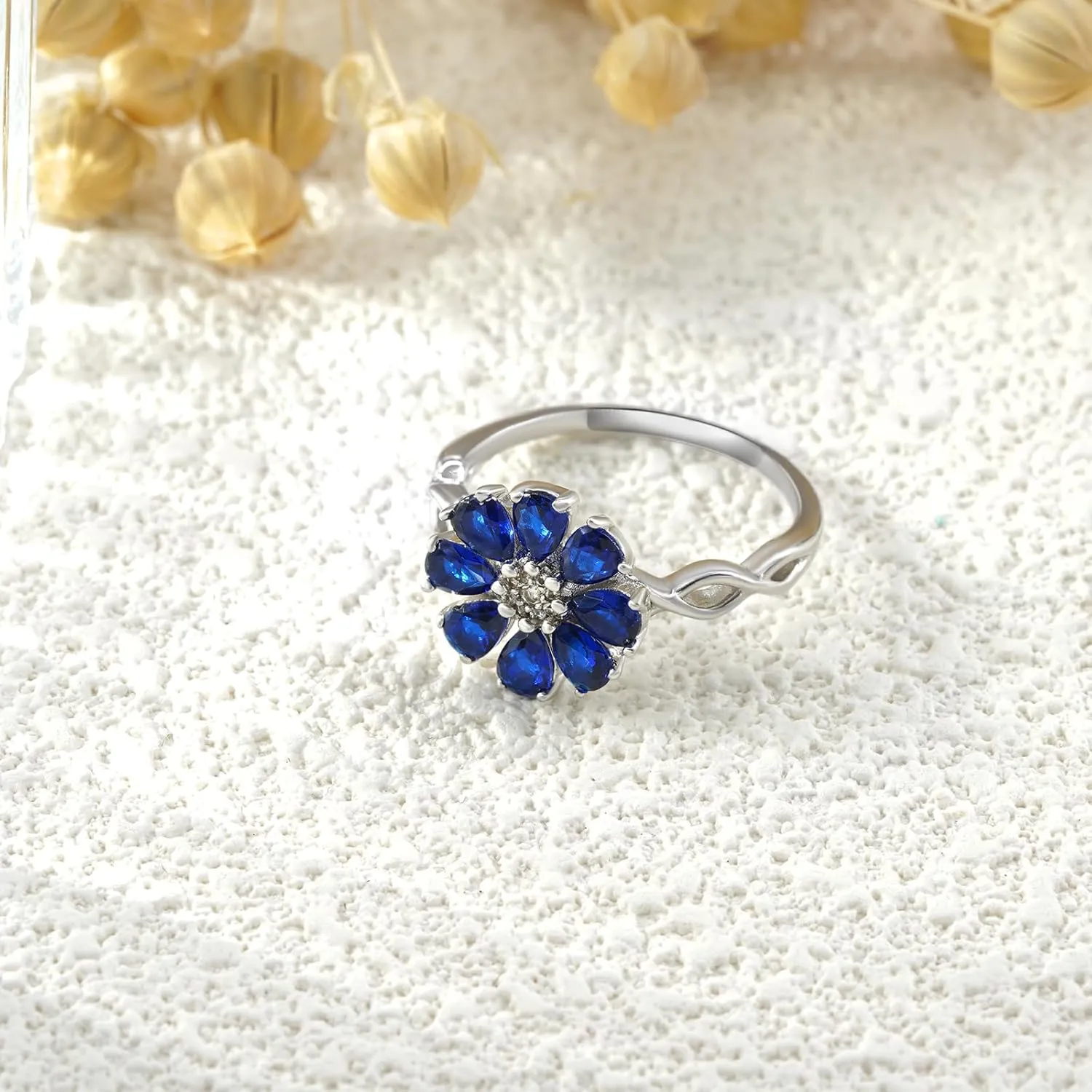 Blue Sapphire Rings for Women 925 Sterling Silver Pear Cut Sapphire Flower Ring Sapphire Jewelry Gifts for Women