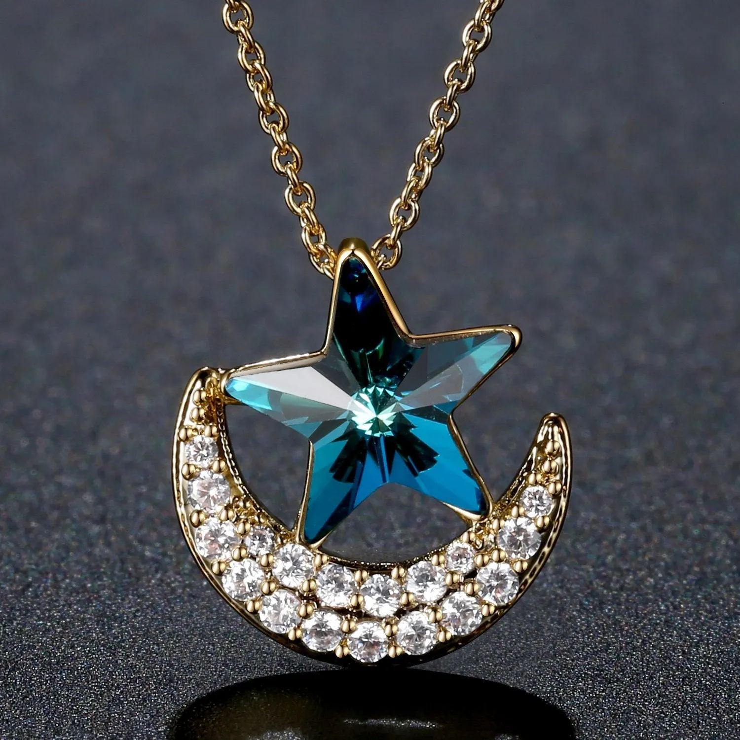 Blue Star on Golden Moon Chain Necklace KPN0276