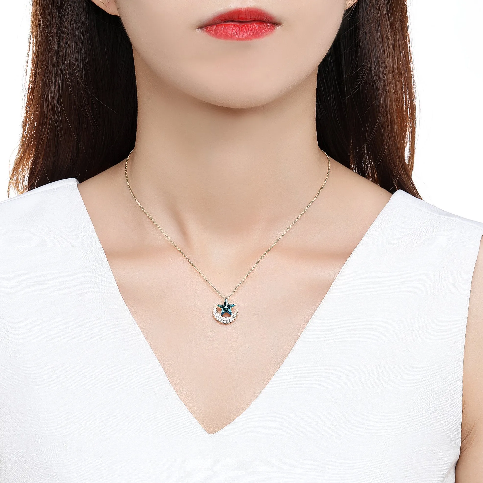 Blue Star on Golden Moon Chain Necklace KPN0276