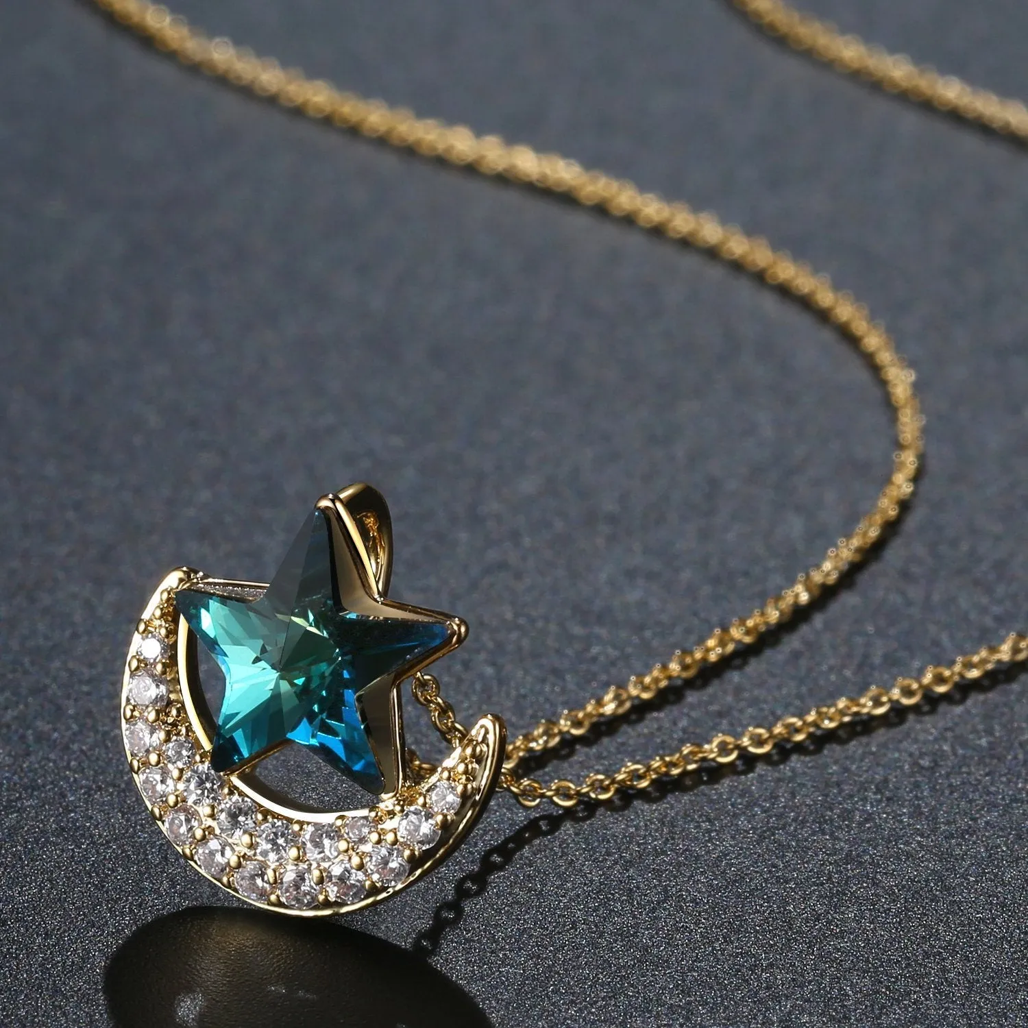 Blue Star on Golden Moon Chain Necklace KPN0276