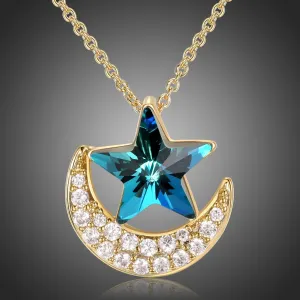 Blue Star on Golden Moon Chain Necklace KPN0276