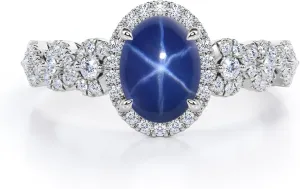 Blue Star Sapphire Engagement Rings for Women Halo 1ct Oval Cut Blue Star Sapphire Ring S925 10K 14K 18K Gold Linde Star Sapphire Ring Anniversary Promise Ring