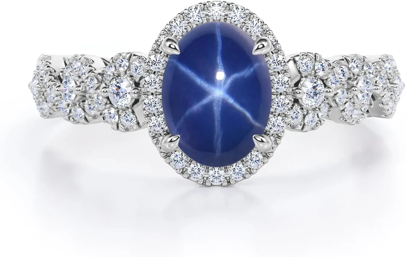 Blue Star Sapphire Engagement Rings for Women Halo 1ct Oval Cut Blue Star Sapphire Ring S925 10K 14K 18K Gold Linde Star Sapphire Ring Anniversary Promise Ring