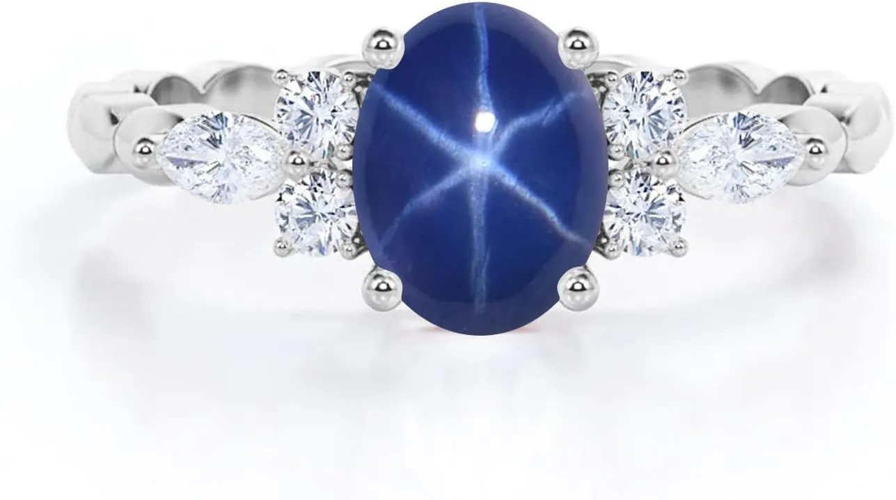 Blue Star Sapphire Engagement Rings for Women Oval Cut Blue Star Sapphire Ring S925 10K 14K 18K Gold Linde Star Sapphire Ring Anniversary Promise Ring