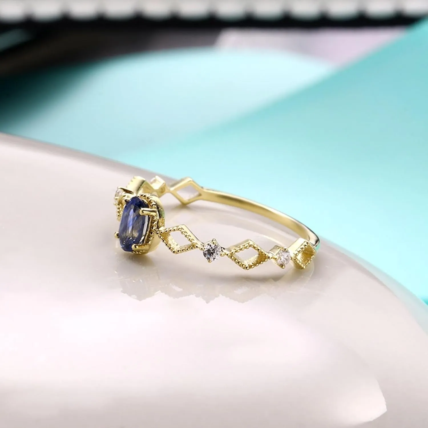 Blue Wedding Rings, 18K Wedding Ring Blue Oval Sapphire with White Moissanite Stackable Knuckle for Women Mother'S Day