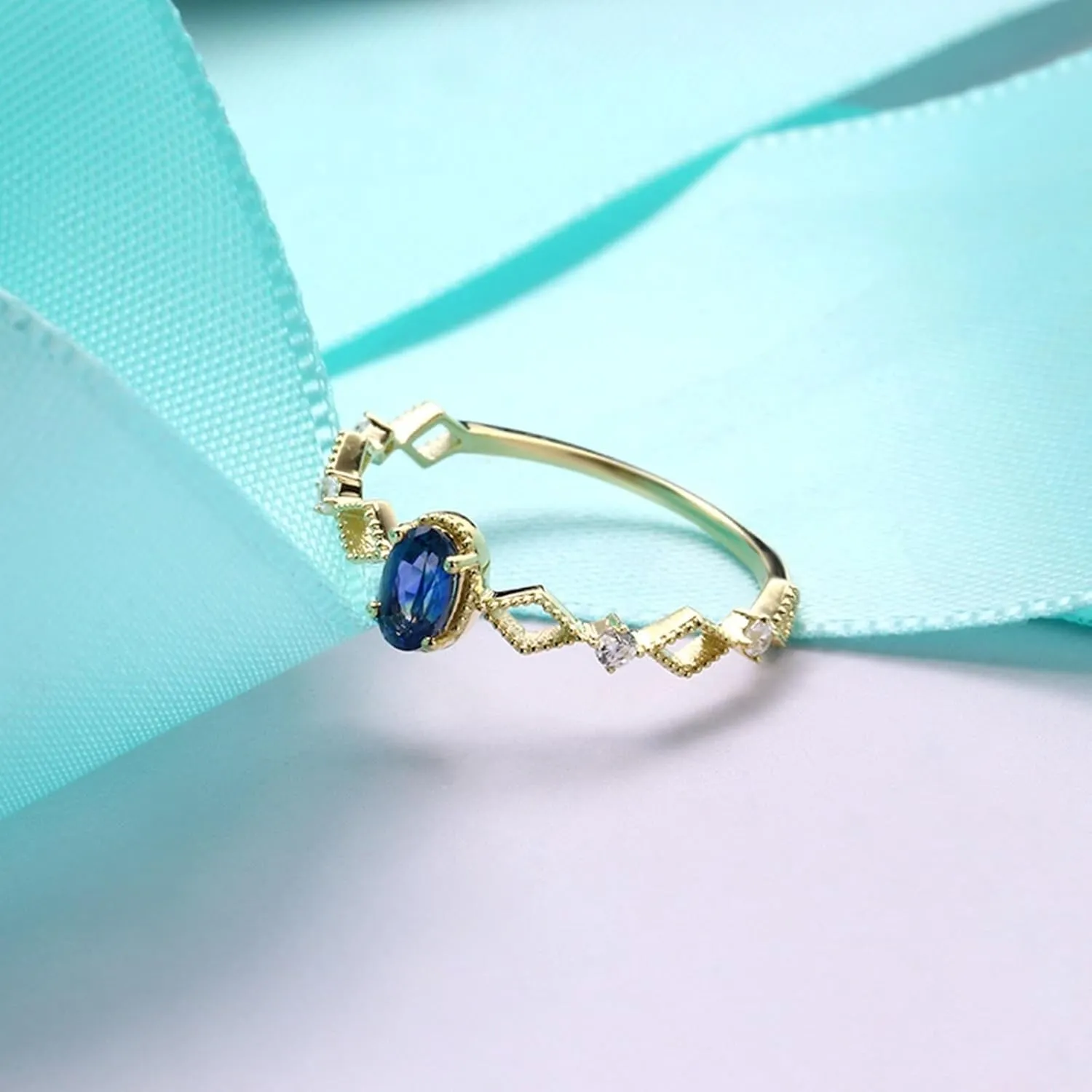 Blue Wedding Rings, 18K Wedding Ring Blue Oval Sapphire with White Moissanite Stackable Knuckle for Women Mother'S Day