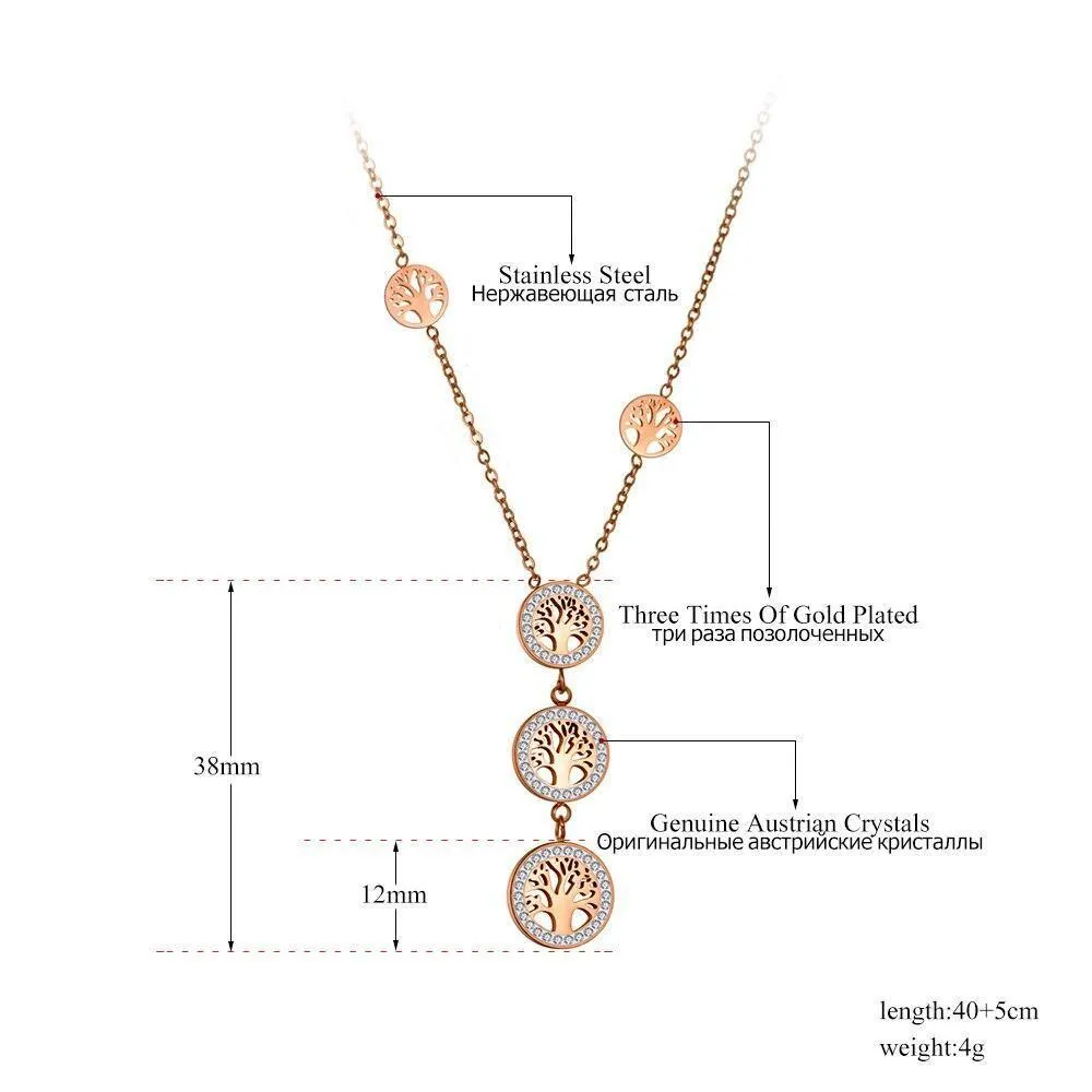 Bohemia CZ Crystals New Design Stainless Steel Gold Colour Tree Charm Choker Necklace