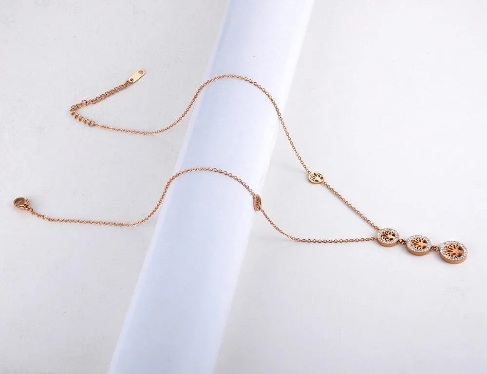Bohemia CZ Crystals New Design Stainless Steel Gold Colour Tree Charm Choker Necklace