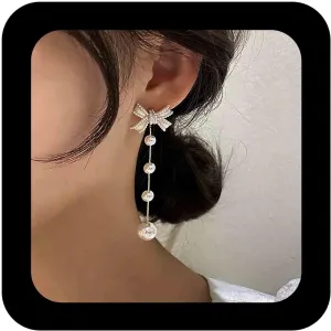 Bohemian Enamel Bow Dangle Earrings White Bow Tie Stud Earrings Long Pearl Tassel Chain Drop Earring Minimalist Round Pearl Chain Earring Jewelry for Women