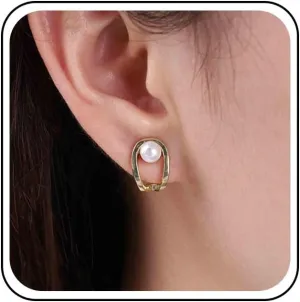 Bohemian Pearl Stud Earrings Gold Hollow Square Earrings Tiny Geometric Pearl Earrings Square Pearl Hoop Earrings Jewelry for Women