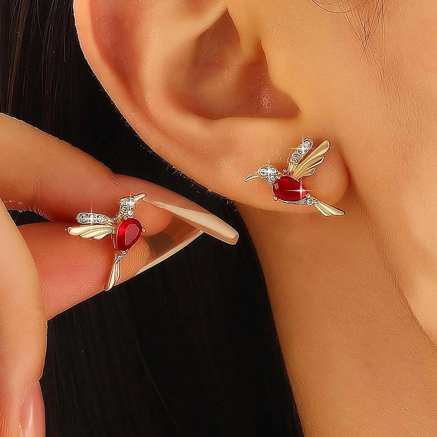 Bohemian Ruby Crystal Bird Stud Earrings Gold Ruby Cz Hummingbird Earrings Red Rhinestone Bird Earrings Small Ruby Bird Dove Earrings Jewelry for Women