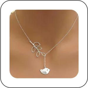 Boho Bird Branch Lariat Necklace Hollow Leaf Choker Necklaces Baby Robin Drop Necklace Silver Olive Branch Leaf Necklaces Chain Jewelry for Women