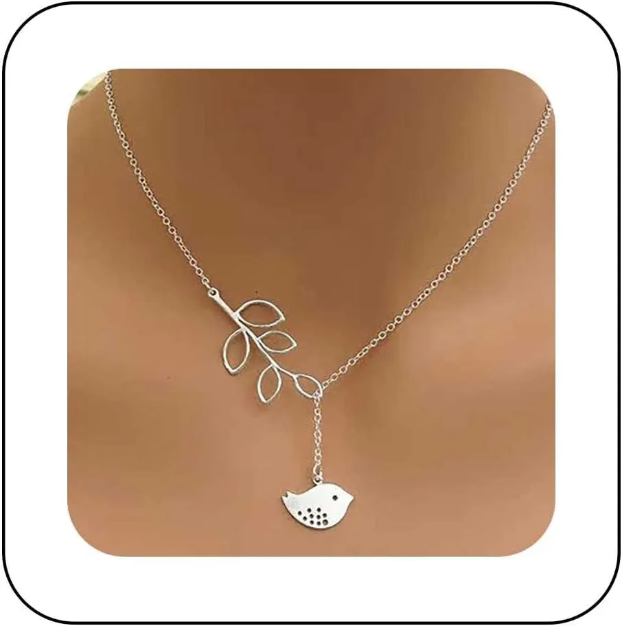 Boho Bird Branch Lariat Necklace Hollow Leaf Choker Necklaces Baby Robin Drop Necklace Silver Olive Branch Leaf Necklaces Chain Jewelry for Women