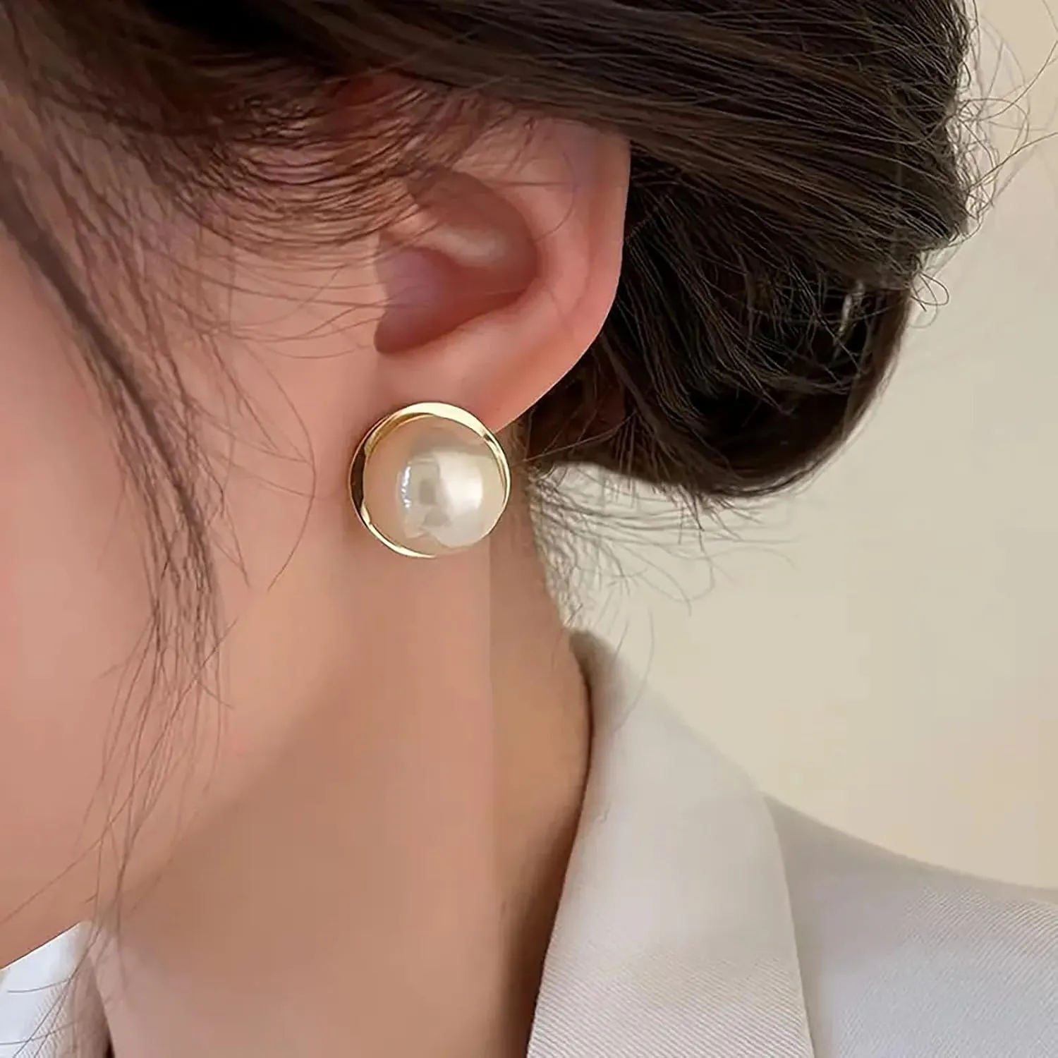 Boho Large Pearl Earrings Gold Pearl Stud Earrings Big Round Pearl Earrings Freshwater Pearl Bridal Earrings Disc Pearl Drop Earrings
