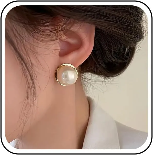 Boho Large Pearl Earrings Gold Pearl Stud Earrings Big Round Pearl Earrings Freshwater Pearl Bridal Earrings Disc Pearl Drop Earrings