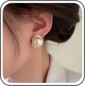 Boho Large Pearl Earrings Gold Pearl Stud Earrings Big Round Pearl Earrings Freshwater Pearl Bridal Earrings Disc Pearl Drop Earrings