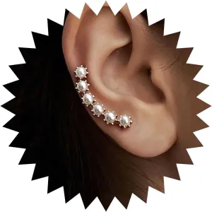 Boho Pearl Ear Climber Earrings Gold Bridal Pearl Earrings Curved Ear Cuff Jewelry for Women