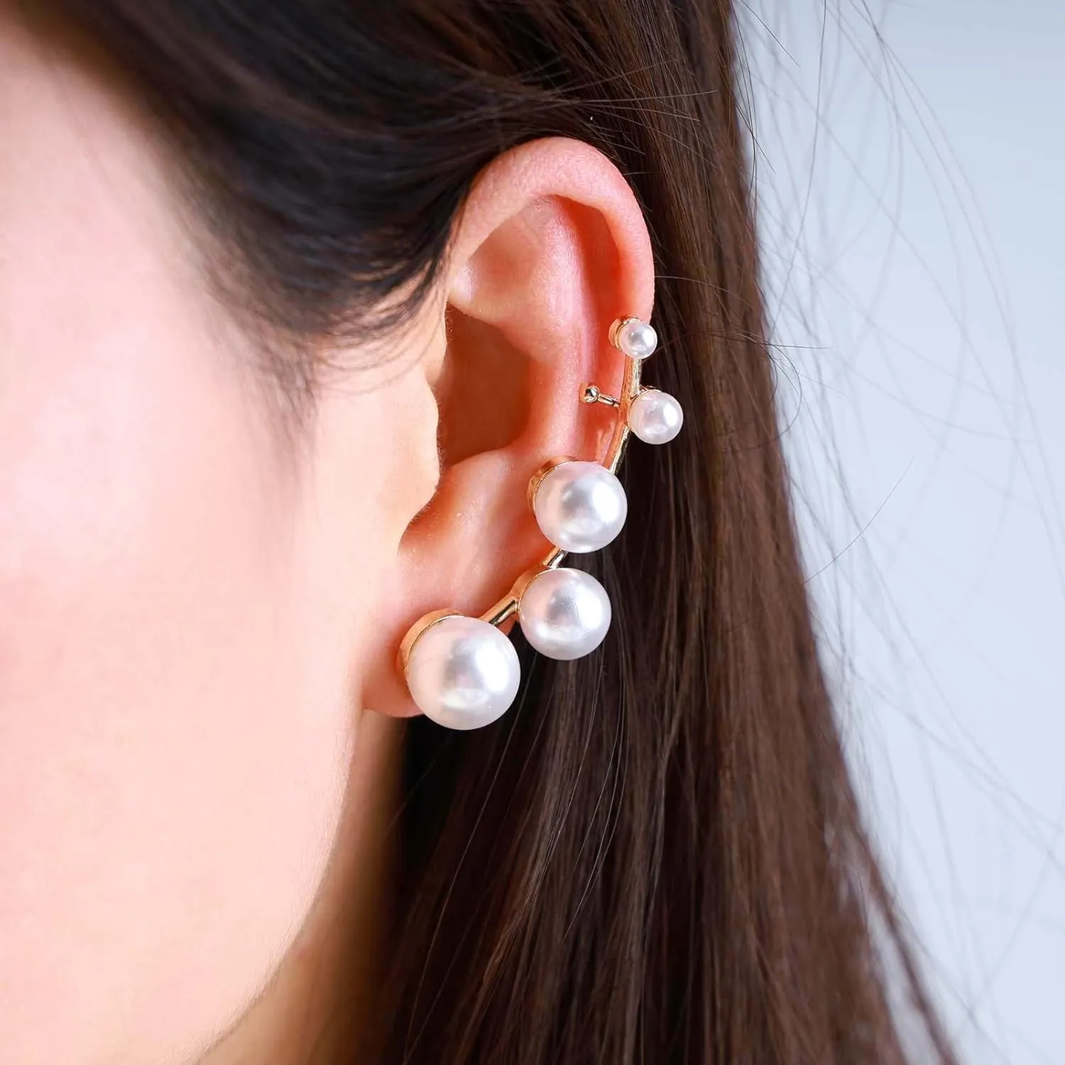 Boho Pearl Ear Climber Earrings Gold Pearl Ear Crawler Earrings Gold Pearl Ear Cuff Clip Earrings Pearl Stud Earrings Jewelry for Women(Gold Left)