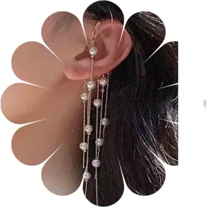 Boho Pearl Ear Wrap Earrings Gold Pearl Ear Cuff Earrings Long Drop Tassel Pearl Earrings Festival Gothic Earrings Non Piercing Ear Climber Cartilage Earrings Jewelry for Women