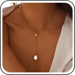 Boho Pearl Lariat Chain Necklace Gold Long Chain Y Drop Necklaces Teardrop Pearl Pendant Necklaces Pearls Choker Chain Jewelry for Women