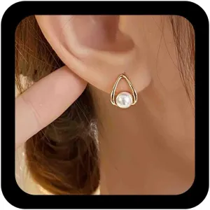 Boho Pearl Stud Earrings Pearl Triangle Earrings Gold Pearl Bead Earrings Pearl Geometric Earrings Birdal Wedding Earrings Jewelry for Women