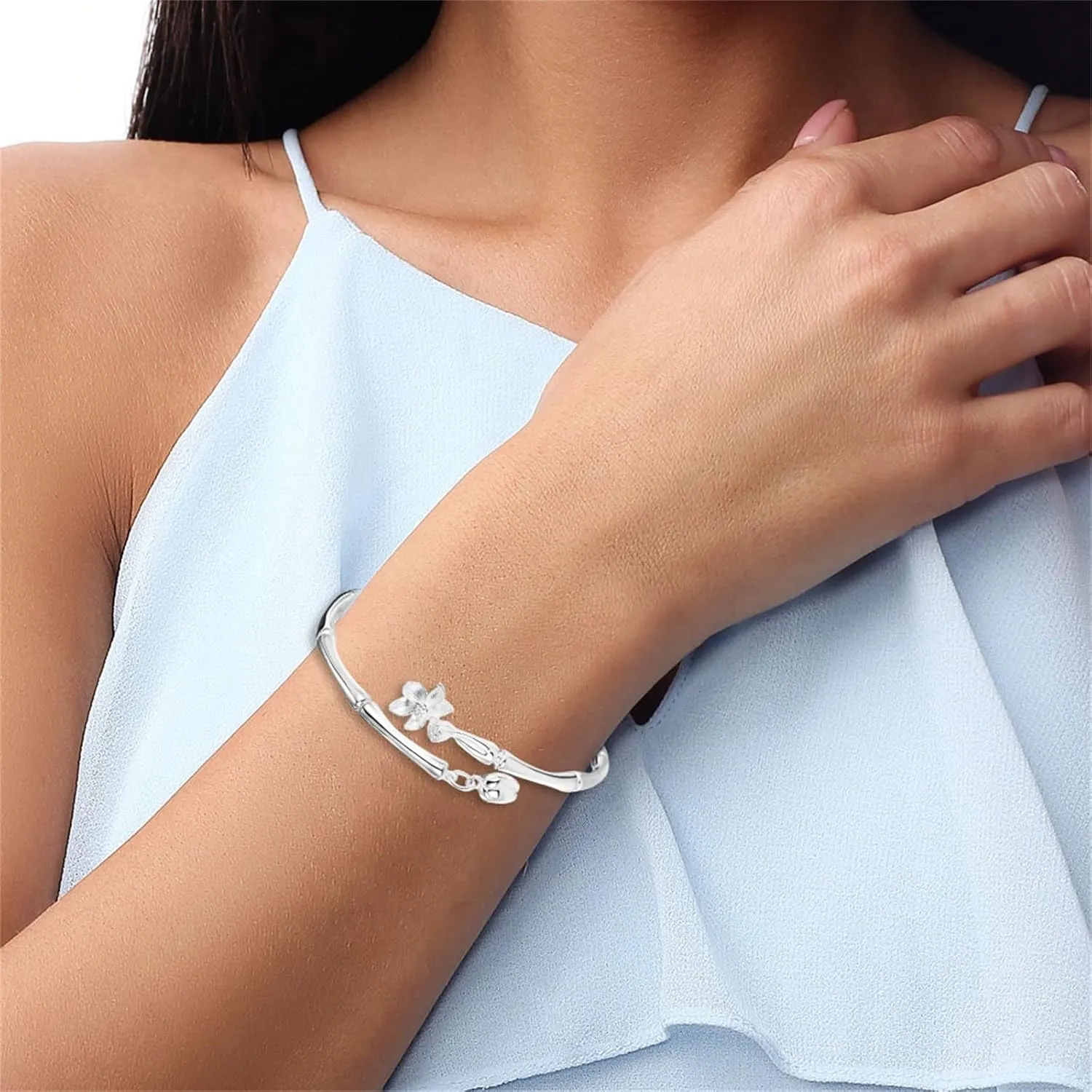 Bracelets for Women, Elegant Women's Sliver Bangle Bracelet Adjustable, Sterling Silver Cuff Friendship Bracelet Kit, Simple Carved Open Bangles Cuff Fashion Womens Jewelry Valentines Day Gifts