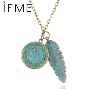 Bronze Clock And Leaves Pendant Necklace