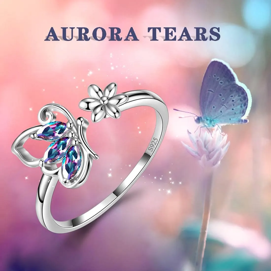 Butterfly Rainbow Mystic Topaz Open Rings Women Girls Jewelry Gift Sterling Silver