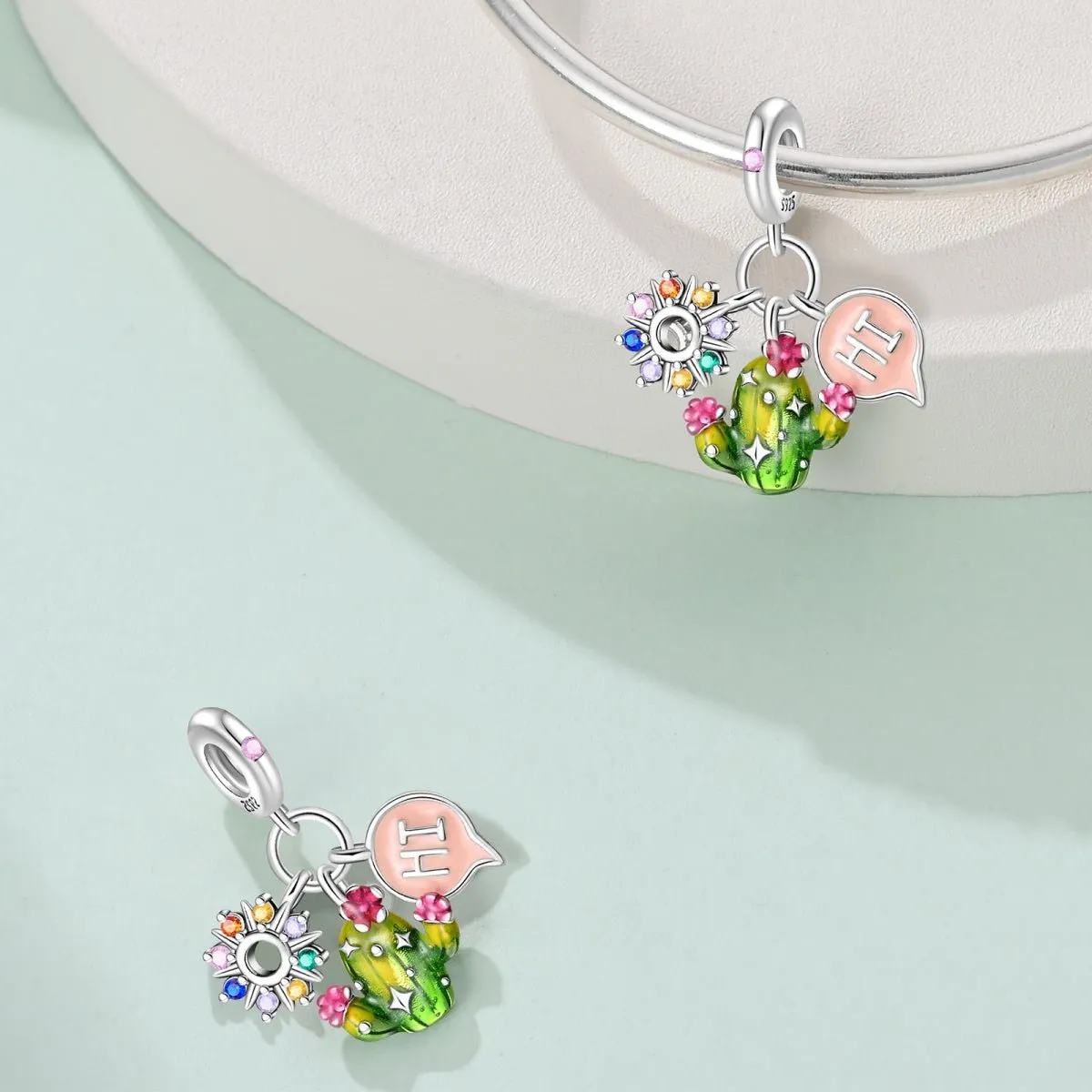 Cactus with Rainbow Flowers & "Hi" Speech Bubble Dangle Charm