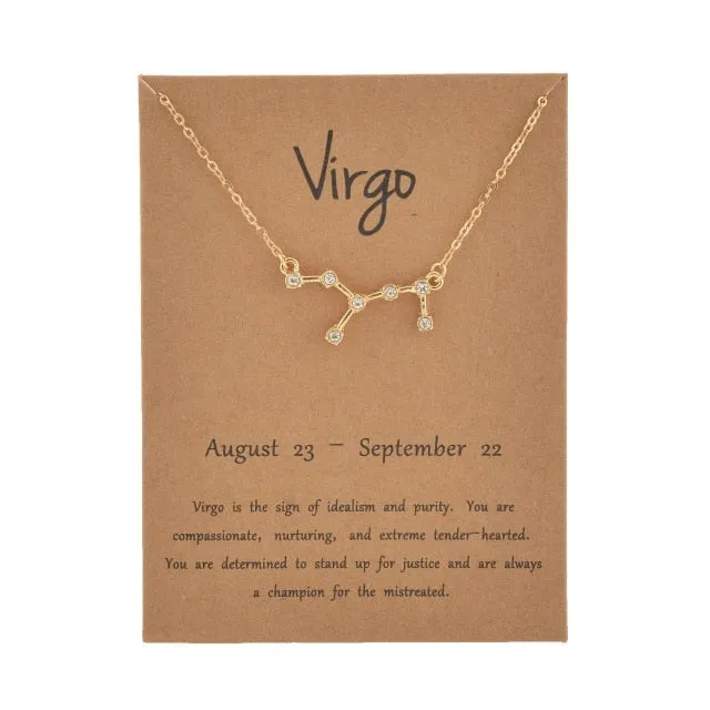 Cardboard Star Zodiac Sign 12 Constellation Necklaces Crystal Charm Gold Chain Choker Necklaces for Women Birthday Jewelry Gift