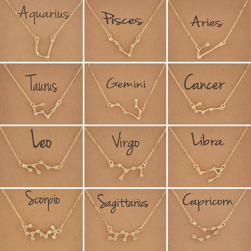 Cardboard Star Zodiac Sign 12 Constellation Necklaces Crystal Charm Gold Chain Choker Necklaces for Women Birthday Jewelry Gift