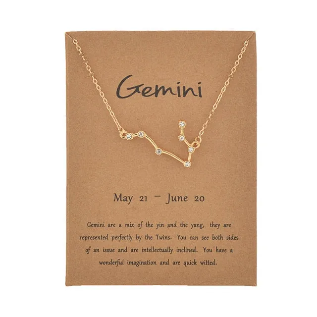 Cardboard Star Zodiac Sign 12 Constellation Necklaces Crystal Charm Gold Chain Choker Necklaces for Women Birthday Jewelry Gift