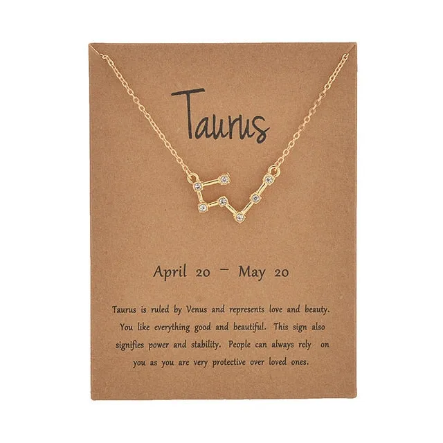 Cardboard Star Zodiac Sign 12 Constellation Necklaces Crystal Charm Gold Chain Choker Necklaces for Women Birthday Jewelry Gift