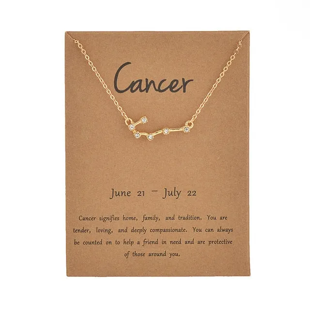 Cardboard Star Zodiac Sign 12 Constellation Necklaces Crystal Charm Gold Chain Choker Necklaces for Women Birthday Jewelry Gift