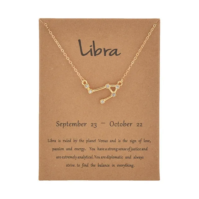 Cardboard Star Zodiac Sign 12 Constellation Necklaces Crystal Charm Gold Chain Choker Necklaces for Women Birthday Jewelry Gift