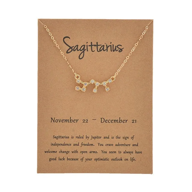 Cardboard Star Zodiac Sign 12 Constellation Necklaces Crystal Charm Gold Chain Choker Necklaces for Women Birthday Jewelry Gift