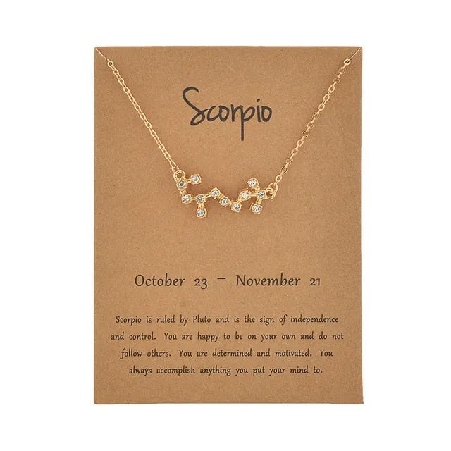 Cardboard Star Zodiac Sign 12 Constellation Necklaces Crystal Charm Gold Chain Choker Necklaces for Women Birthday Jewelry Gift