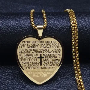 Catholic Holy Bible Verse Projection Cross Heart Necklace Stainless Steel Spanish Religious Chain