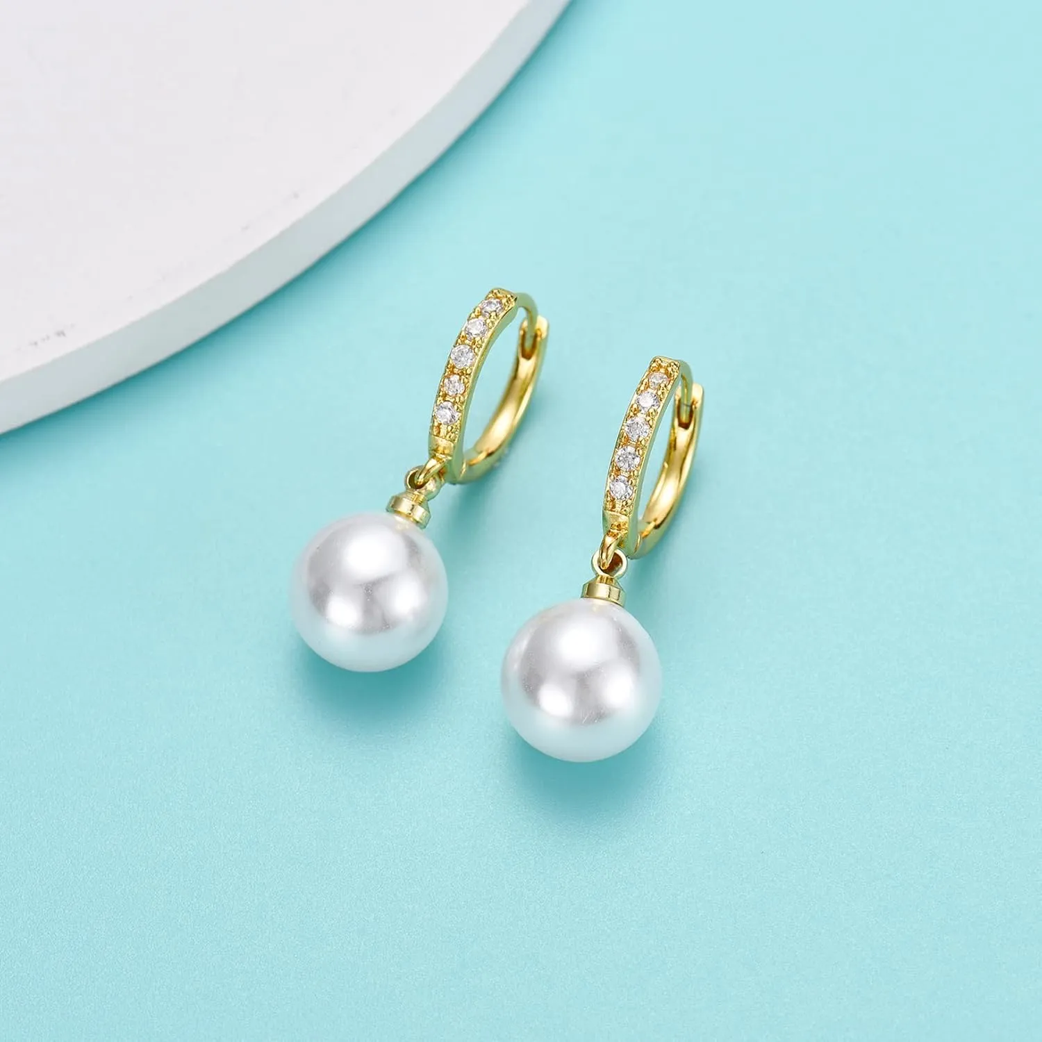 CERSLIMO Pearl Drop Earrings for Women | S925 Sterling Silver Post Simulated Shell Pearl Hoop Dangle Earrings, Hypoallergenic Cubic Zirconia Huggies Earrings Bridesmaid Jewelry