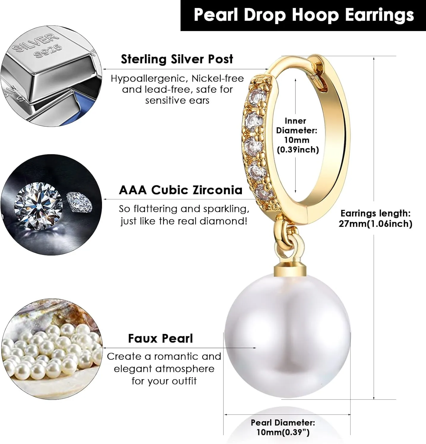 CERSLIMO Pearl Drop Earrings for Women | S925 Sterling Silver Post Simulated Shell Pearl Hoop Dangle Earrings, Hypoallergenic Cubic Zirconia Huggies Earrings Bridesmaid Jewelry
